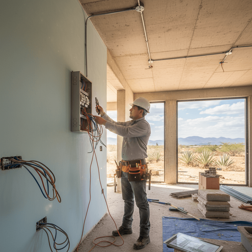 Electricista residencial trabajando en una instalación eléctrica en México