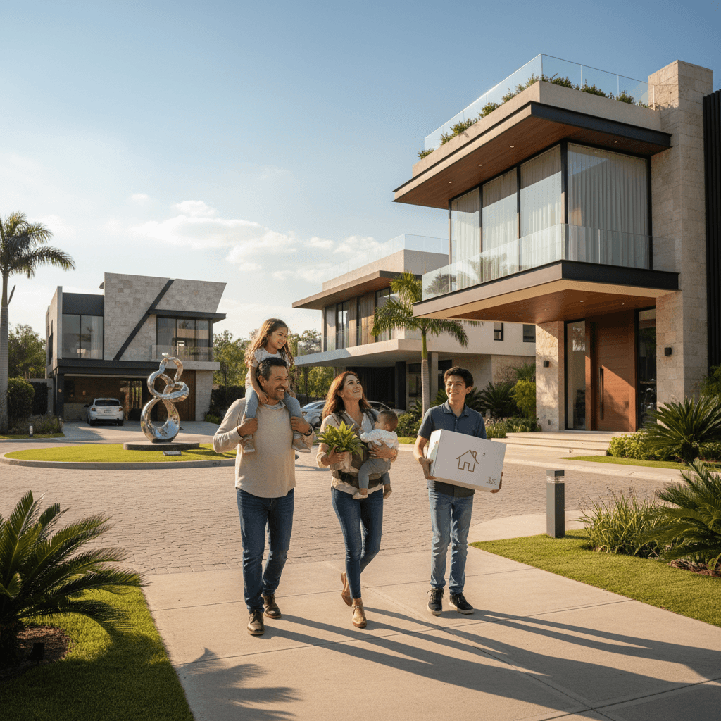 Familia feliz mudándose a una casa de lujo en un desarrollo residencial moderno