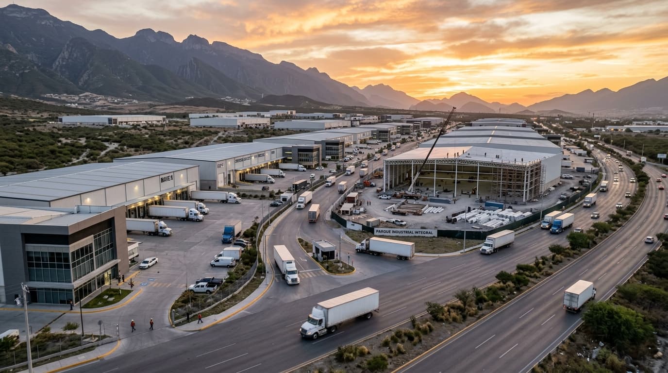 Parque industrial moderno con naves y camiones de carga en Monterrey o Saltillo, México, durante el atardecer