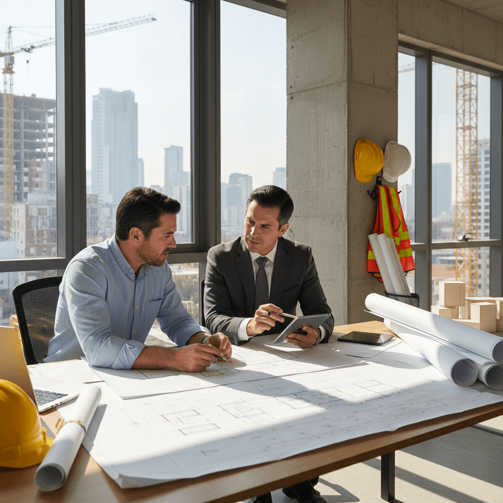 Persona revisando planos de construcción con un asesor bancario en México