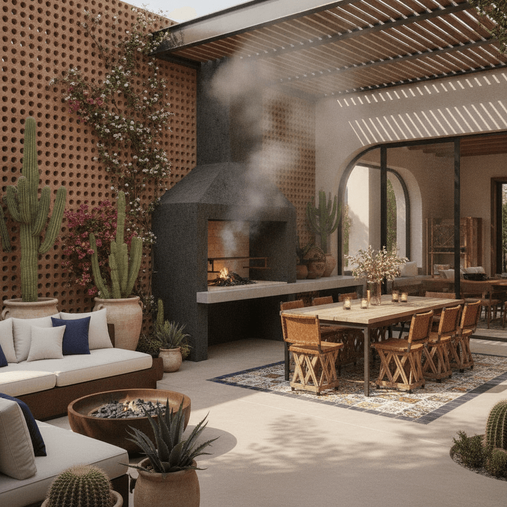 Patio moderno remodelado en México con un asador empotrado, área de comedor exterior y plantas nativas.