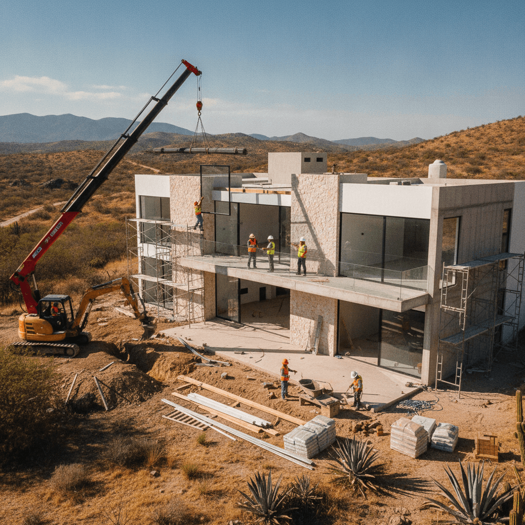 Una casa moderna en Durango con un equipo de construcción de Adestajo realizando trabajos de remodelación.