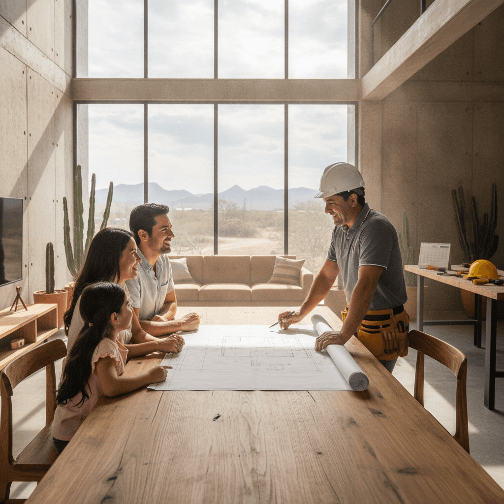 Familia mexicana feliz viendo los planos de su casa remodelada en Torreón, con un contratista explicando los detalles.