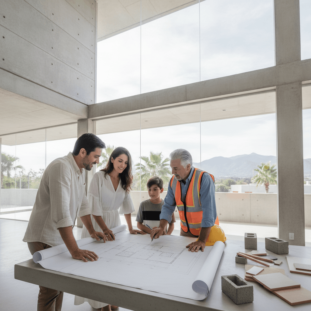 Familia viendo planos de remodelación de su casa en Monterrey, México, con un contratista.