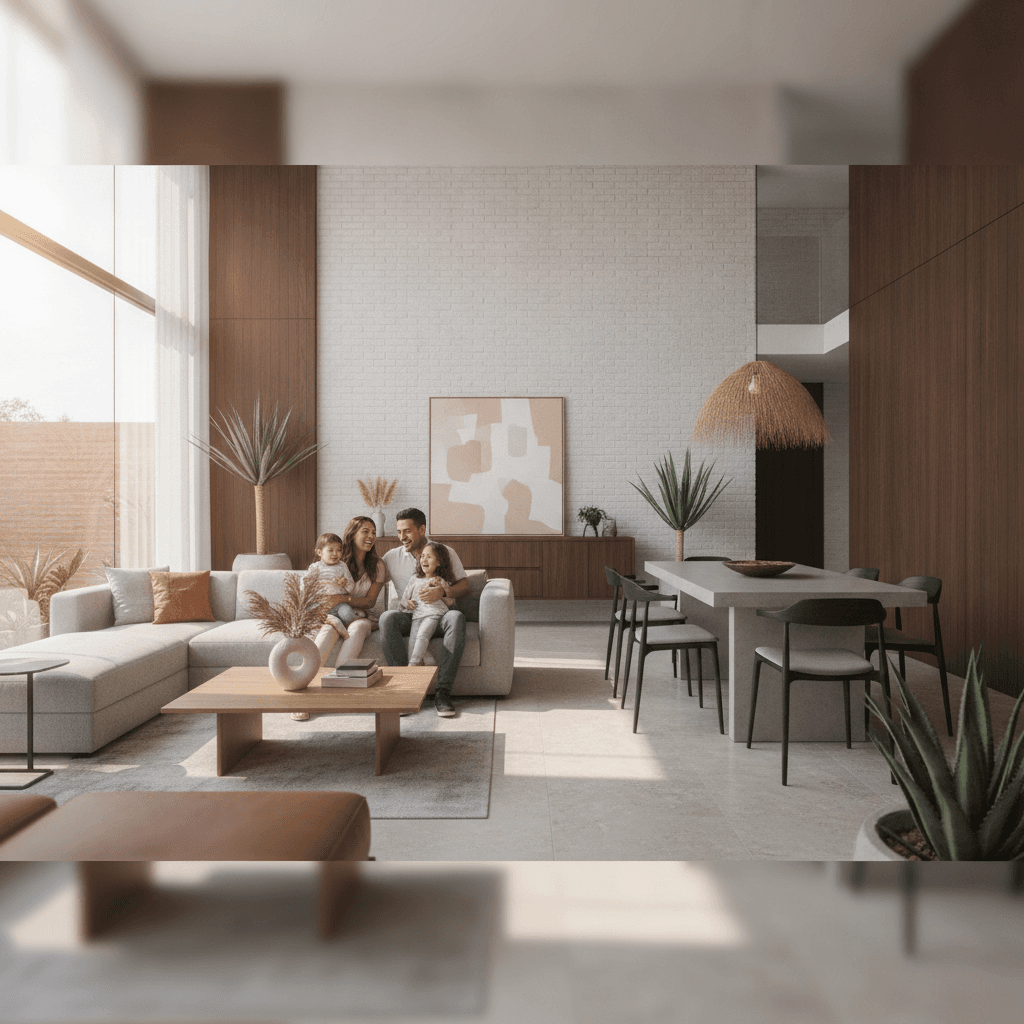Familia feliz en casa remodelada en Monterrey, México, con acabados modernos y buena iluminación natural.