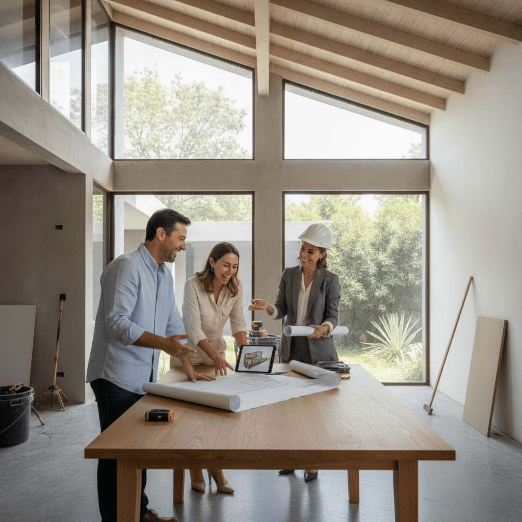 Hombre y mujer felices discutiendo planos de remodelación con un arquitecto en una casa moderna en Toluca, México, con acabados de alta calidad.