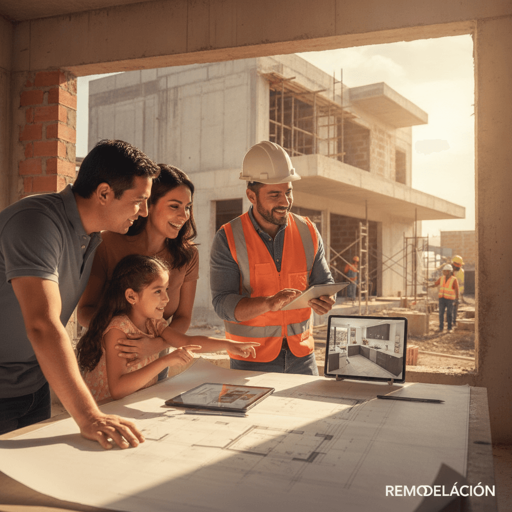 Familia mexicana feliz observando los planos de remodelación de su casa moderna en Torreón, con un contratista explicando los detalles en la obra.