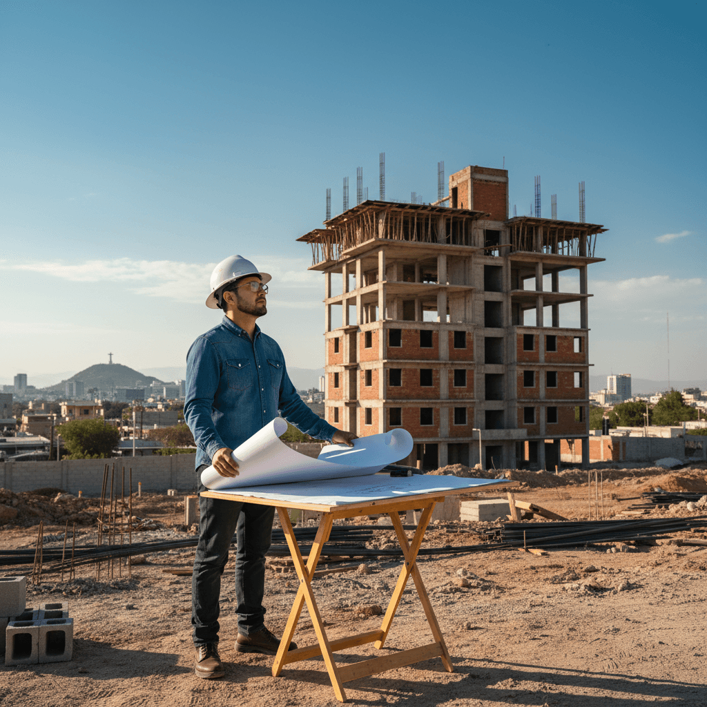 Hombre revisando planos en un terreno en Torreón, visualizando su futura construcción.